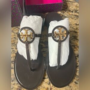 Tory Burch Brown and Gold Mini Miller Jelly Flat Thong Sandals